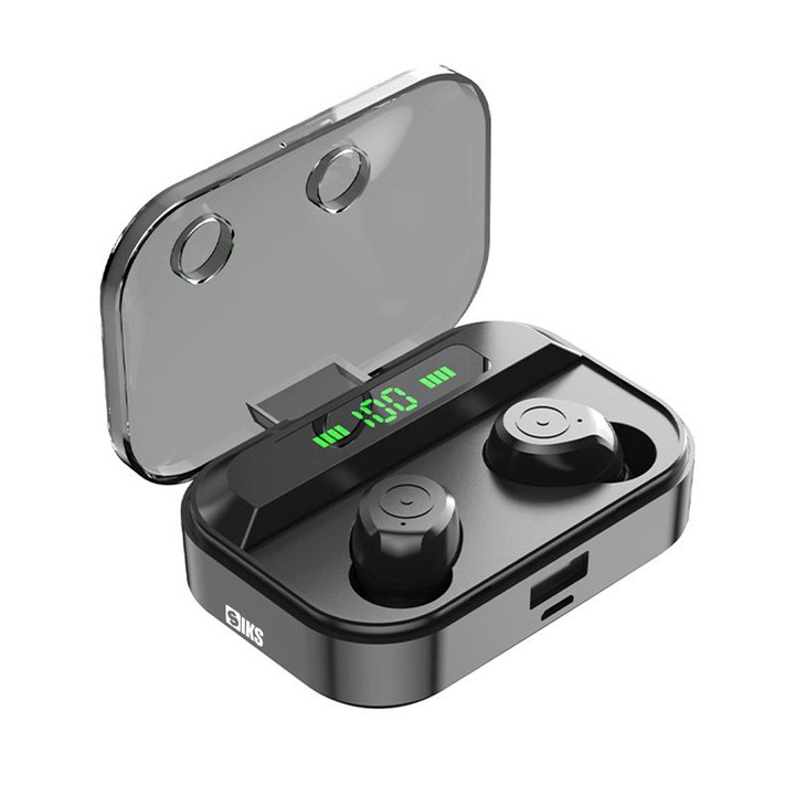 SIKS audio fejhallgató, vezeték nélküli, fülbe helyezhető, 2000 mAh akkumulátor, Bluetooth 5.1, érintésvezérlés, true wireless, 4 óra működési idő, Android és iOS kompatibilis, fekete