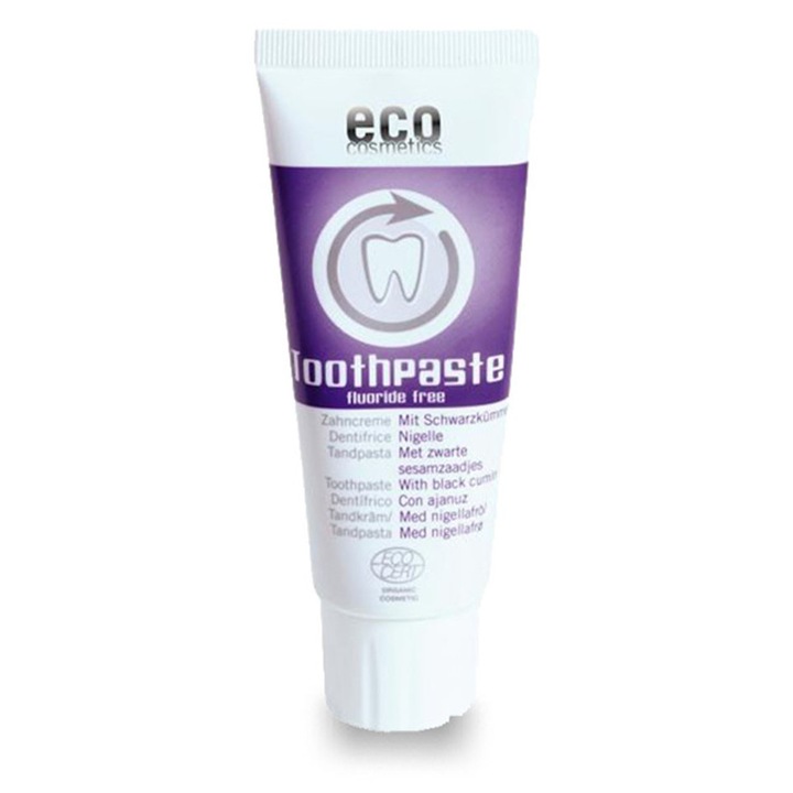 Pasta de dinti homeopata cu chimen negru, fara fluor, previne parodontoza si afectiunile gingiei. Mix salvie si ceai verde curata dintii, reduce inflamatia si calmeaza gingia, previne aparitia cariilor si a placii dentare - Eco Cosmetics, bio, 75 ml