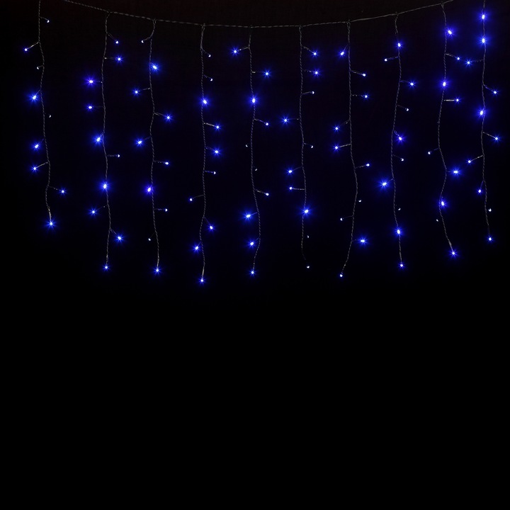 Instalatie decorativa Craciun, WELL, tip perdea luminoasa, 100 LED-uri albastre, cu jocuri de lumini, cablu negru