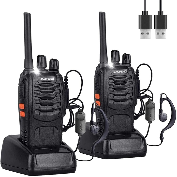 Set 2 statii radio, Incarcare USB, Wireless, 16 Canale, 2800mAh, Negru