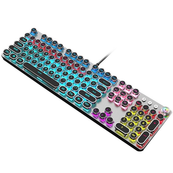 Tastatura mecanica gaming, 104 Taste, Iluminare RGB, USB, 435x125x36 mm, Argintiu
