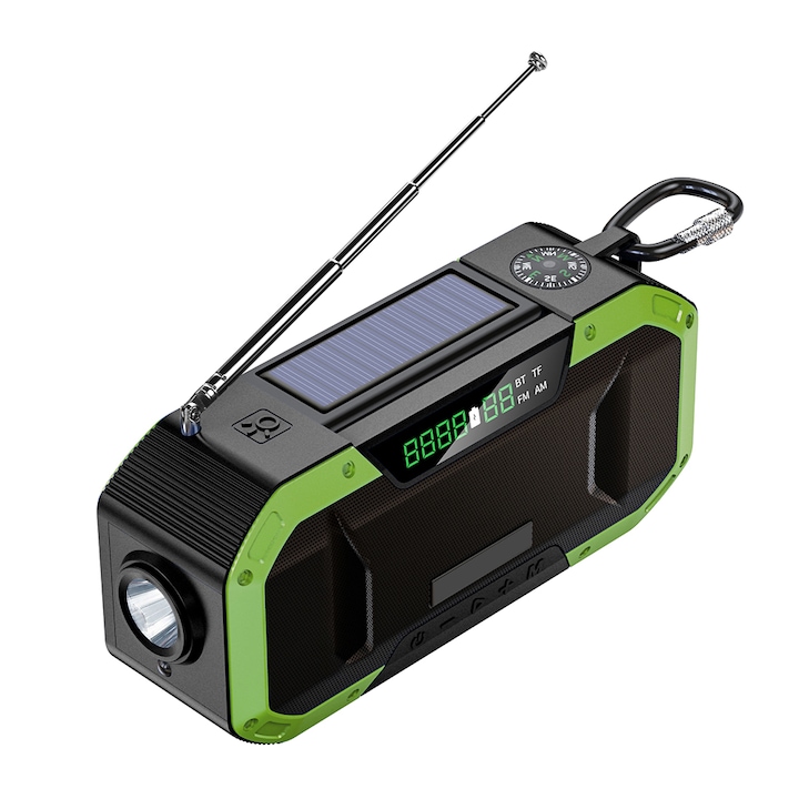 Радио високоговорител, ABS/TPU, Bluetooth, SOS фенерче, AM/FM/WB, 4000 mAh, Черен/Зелен