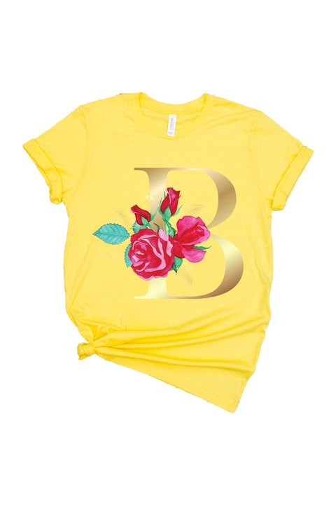 Дамска тениска Букви с цветя, B, жълта, 2XL