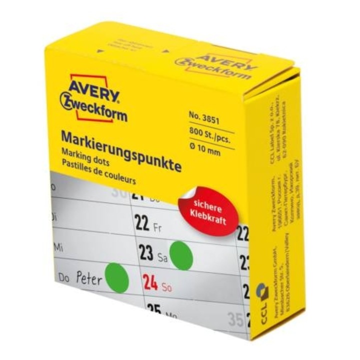Etikett címke, jelölőpont adagoló dobozban o10 mm, tekercses 800 címke/doboz, Avery zöld