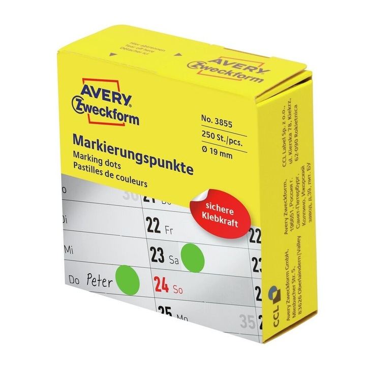 Etikett címke, jelölőpont adagoló dobozban o19 mm, tekercses 250 címke/doboz, Avery zöld