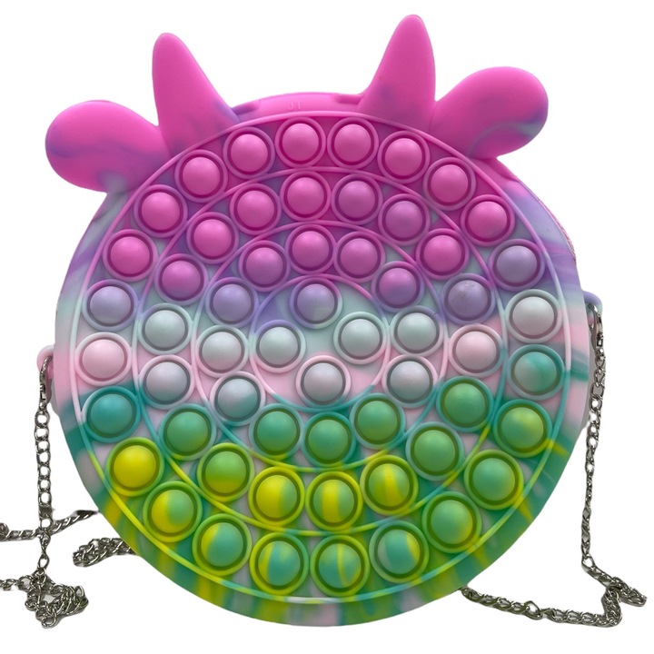 Jucarie Gentuta mare cu lant argintiu si fermoar Pop It Macaroons, Vacuta