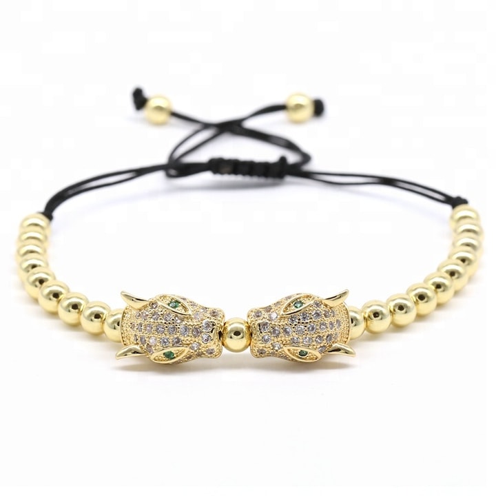 Bratara cu margele luxury, model in forma de jaguar, macrame, reglabila pe snur, pietre zirconiu, placata cu aur 24K, auriu