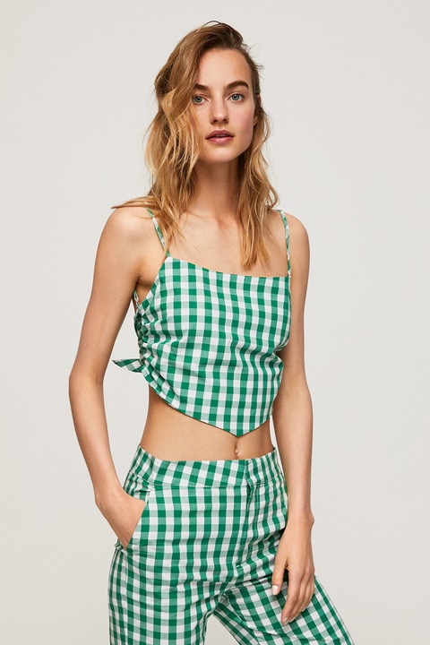Pepe Jeans London, Къс топ Gettie с каре, Бял/Зелен, XS