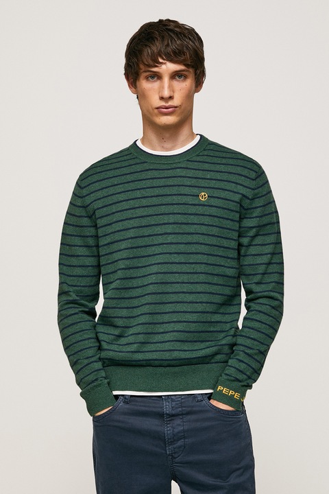Pepe Jeans London, Раиран пуловер Andre с фина плетка, Тъмнозелен, S