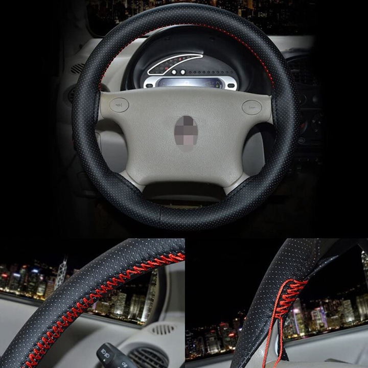 Калъф за волан YATOVUR, От Кожа, 38х38 см, Черен/Червен