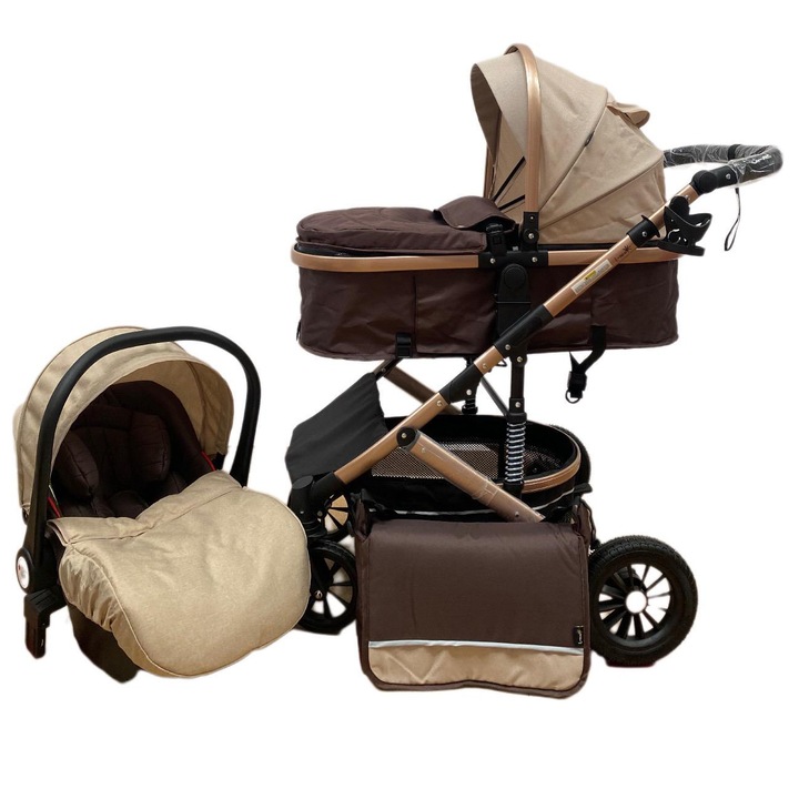 Количка 3 в 1, L-Sun, обръщаща се дръжка, компактна, кремава