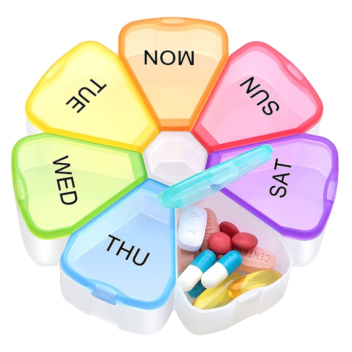 Cutie organizator medicamente portabil, 7 zile, 7 Compartimente, 12 x 12 x 2.5 cm, Amtok, Multicolor