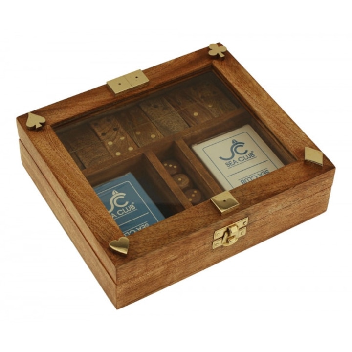 Set cu jocuri, 2 carti, zaruri si domino, cutie din lemn de mango, capac de sticla