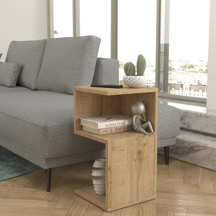 Noptiera cu Rafturi pe Trei Niveluri, UnicUtil, Dimensiuni 30 x 30 x 55 cm, Material PAL 18 mm, Design Modern, Ideala pentru Dormitor sau Sufragerie, Rafturi Spatioase, Constructie Robusta, Neasamblat, Culoare Stejar Bardolino