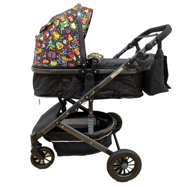 Детска количка 2 в 1, L-Sun, с обръщаща се дръжка и окачвания, животински принт