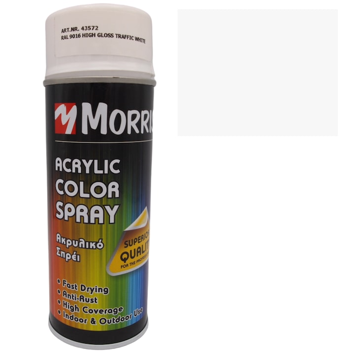 Spray vopsea alb trafic, RAL 9016, lucioasa, Morris, 400 ml, acrilica, cu uscare rapida, pentru suprafete din lemn, metal, aluminiu, sticla, piatra si diferite mase plastice