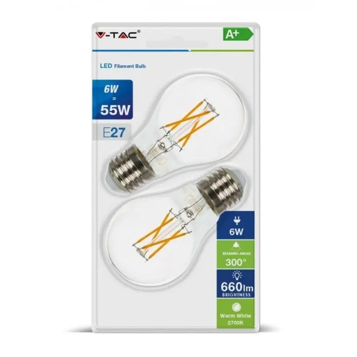 Bec LED 6W filament E27, 2 buc/set