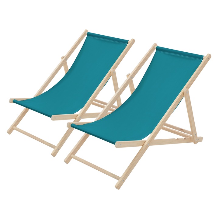 Set 2x Scaun pliabil de plaja ECD Germany structura din lem si tesatura albastru petrol, spatar reglabil in 3 pozitii, sezlong de relaxare pentru gradina, piscina, balcon sau terasa, capacitate de 120 kg