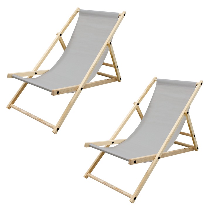 Set 2x sezlonguri pliabile ECD Germany din lemn, 117 x 52 x 83 cm, gri deschis, 3 pozitii reglabile, capacitate 120 kg, scaune plaja, mobilier terasa si gradina, tesatura Oxford