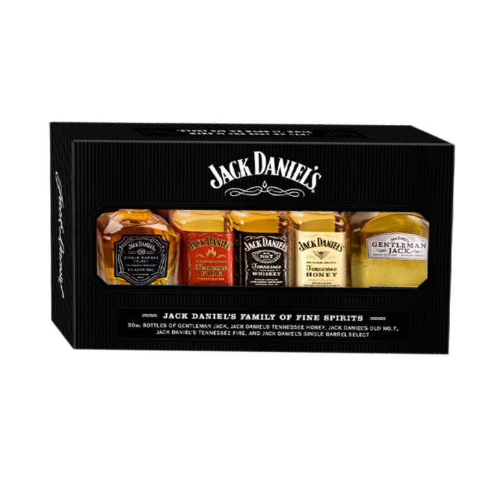 Pachet Jack Drink's Family cu 5 sticle, Jack Daniel’s Gentleman, Jack Daniel’s Honey, Jack Daniel’s whiskey, Jack Daniel’s Fire si Jack Daniel’s Single