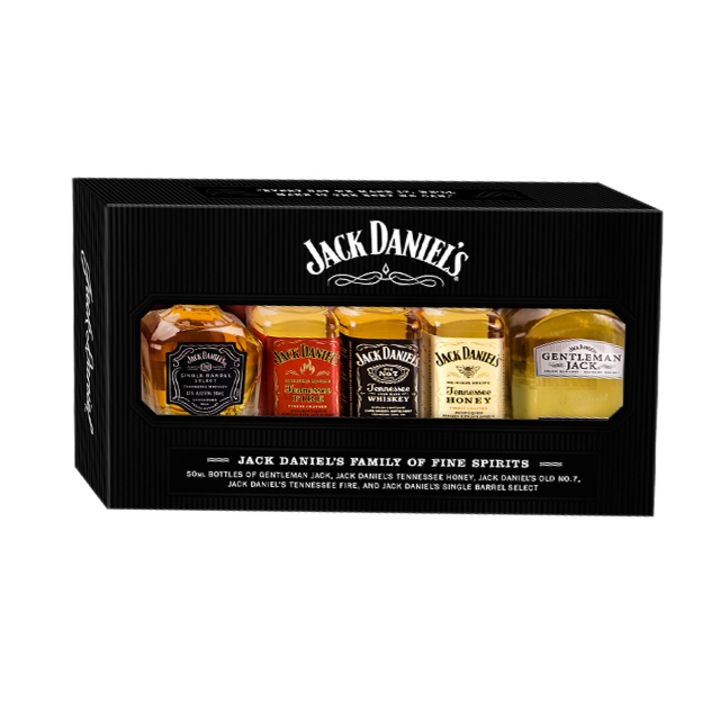 Velve Jack Drink's Family Pack 5 üveggel: Jack Daniel's Gentleman, Jack Daniel's Honey, Jack Daniel's Whisky, Jack Daniel's Fire és Jack Daniel's Single