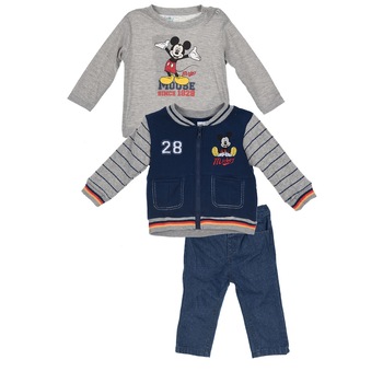 Set bebe Mickey Mouse cu hanorac, bluza si pantaloni, Gri - Bleumarin Set bebe Mickey Mouse cu hanorac, bluza si pantaloni, Gri - Bleumarin