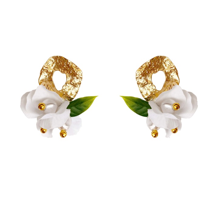 Cercei Floare De Nu Ma Uita, Nymphaea Jewelry, perle sintetice, alb, 4.5x4 cm