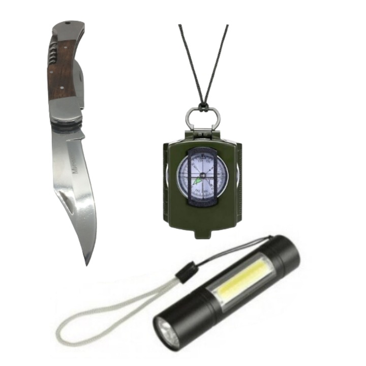 Kit camping format din busola, cutit multifunctional 23 cm si lanterna