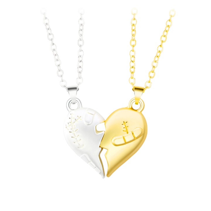 Set de doua lantisoare cu pandantiv cu magnet in forma de inima franta, pentru cupluri, prieteni, argintiu si auriu