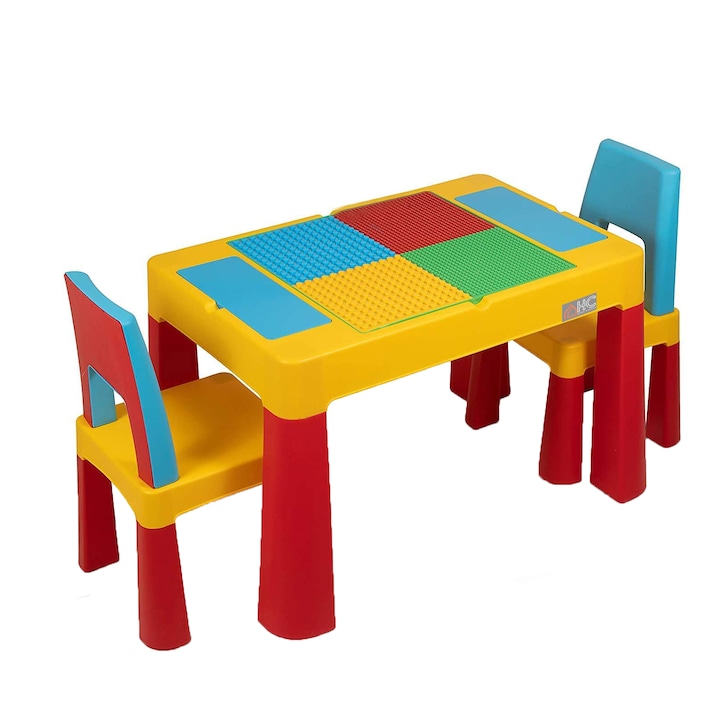 Set masa lego si 2 scaune, cu spatiu de depozitare pentru diferite activitati, picioare antiderapante, multicolor, buz