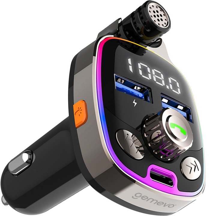 Modulator FM Gemevo®, Bluetooth 5.0, Transmitator FM cu functie de incarcator auto, Fast-Charge, 3 porturi de incarcare, Microfon extern, Afisaj Digital, Lumini RGB