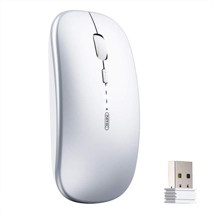 Безжична мишка, SDLOGAL, USB, 1000/1200/1600 DPI регулируема, 4 бутона, Ергономична за игри и офис, Сребриста