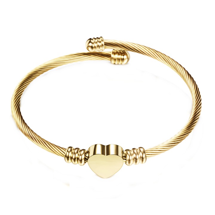 Bratara cu inima pentru femei, Otel inoxidabil, Dimensiune reglabila, 63x3 mm, Auriu