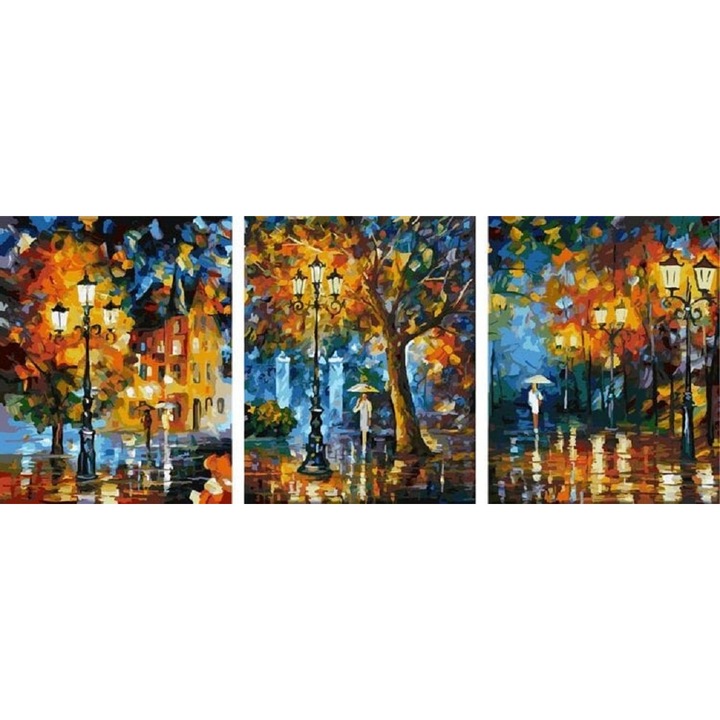Set 3 picturi pe numere, cu sasiu, Plimbare noaptea in parc - Leonid Afremov, 50 x 120 cm