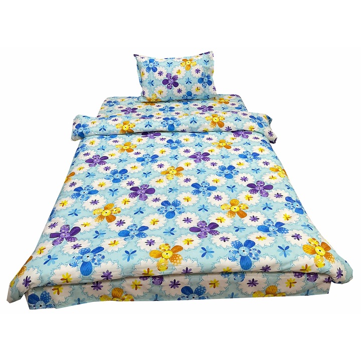 Единично спално бельо бяло/синьо за матрак 90см "Лагер със сини цветя" от 100% памук на Liz Line - LS139