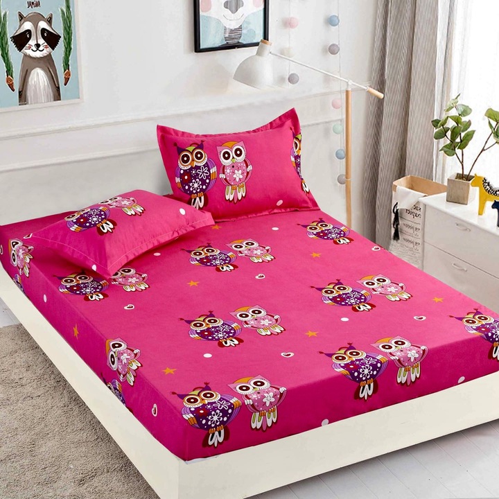 Еластична покривка за легло от фин памук, 2 калъфки за възглавници, единично легло, розово със сови