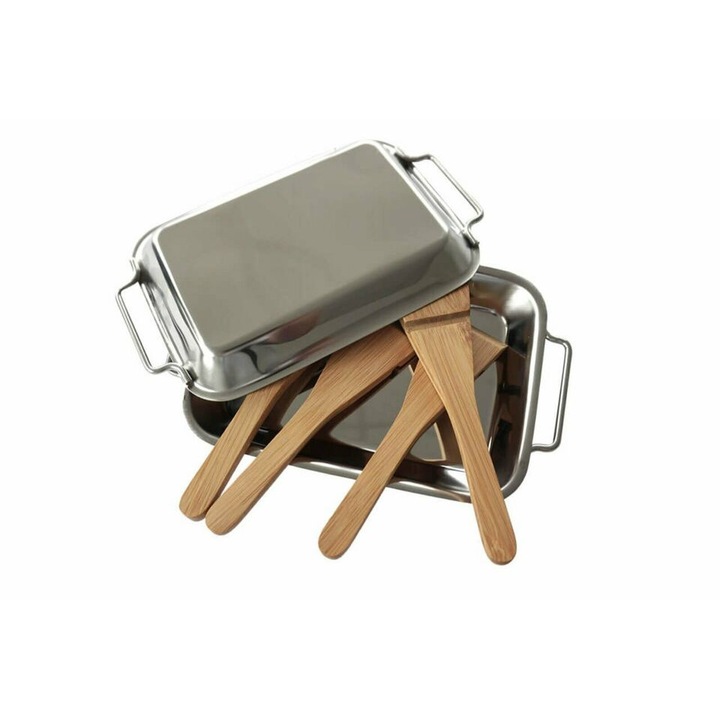 Set de gratar Cago, spatula si tigaie, Inox/Bambus, Maro/Argintiu