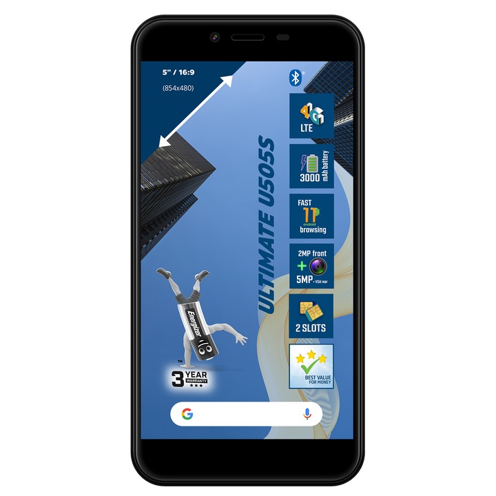Energizer U505S Mobiltelefon, 1 GB RAM, 16 GB ROM, 4G, fekete