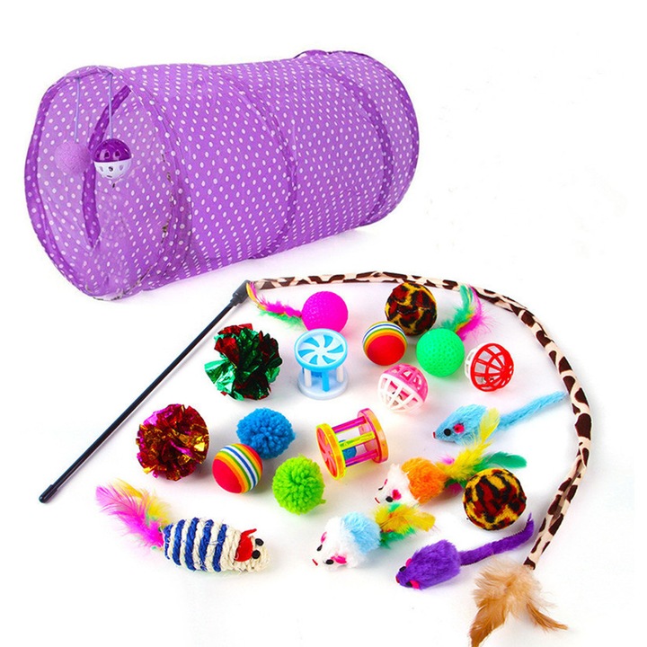 Set tunel si jucarii interactive pentru pisici Mbooulc, 21 buc, Textil, Multicolor