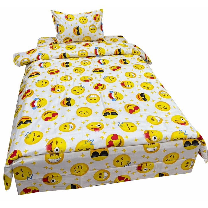 Комплект бяло/жълто спално бельо, единично легло, за матрак 90см, "Емотикони" от 100% памук на Liz Line - LS134