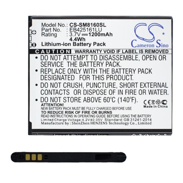 Akkumulátor, kompatibilis, Samsung Galaxy J1 mini (SM-J105) / Galaxy Trend Plus (GT-S7580) / Galaxy S Duos 2 (GT-S7582) Cameron sino li-ion akku (3.7v/1200mAh, samsung eb425161la kompatibilis), gyártói csomagolás