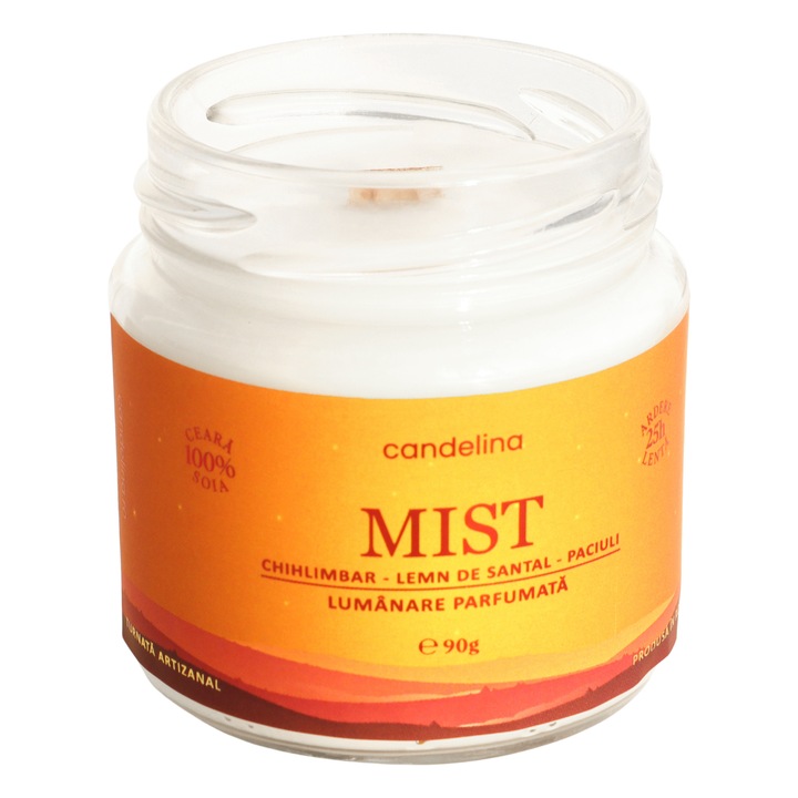 Lumanare parfumata din soia cu fitil lemn, Candelina, MIST - Chihlimbar, Lemn de Santal, Paciuli, handmade, ceara naturala, ardere 25h, 90 g