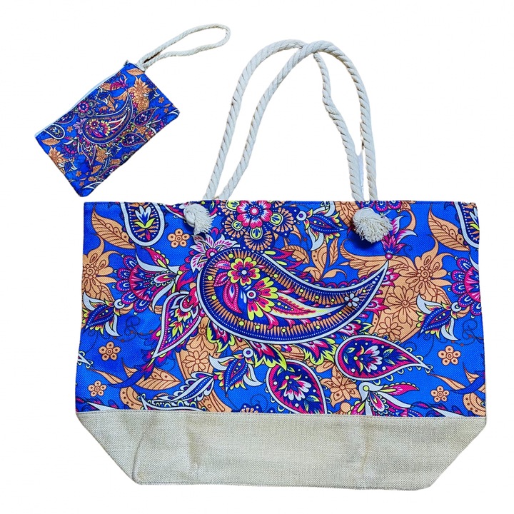 Strandtáska és pénztárca készlet, levélnyomat, fém cipzár, poliészter, kék, 55 x 37 x 15 cm