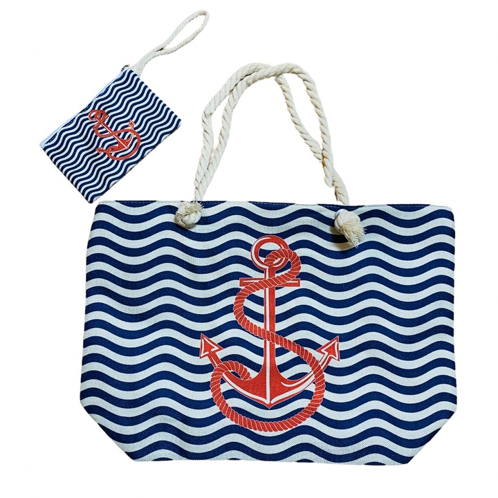 Strandtáska és pénztárca szett, hullámos és horgonyos nyomtatás, fém cipzár, poliészter, kék fehérrel, 55 x 37 x 15 cm