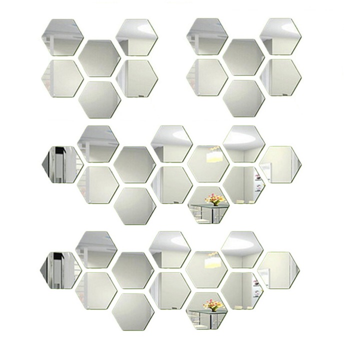 Set 32 Bucati Oglinda Hexagonala Acrilica 12,5 x11x 6,5 cm Diametru 15 cm G Glixicom®