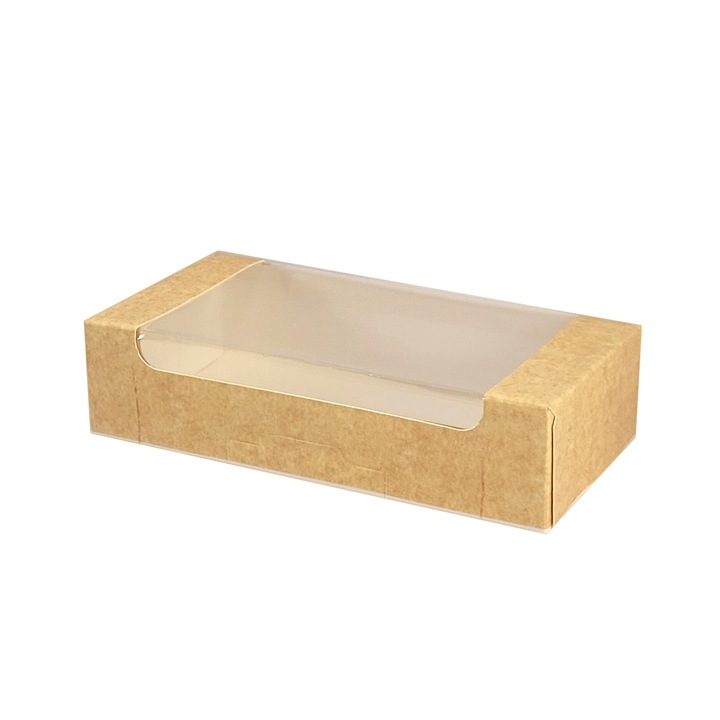 Set 10 bucati, cutie pentru prajituri, din carton Kraft Natural, cu fereastra transparenta, crem 20x10,5x5