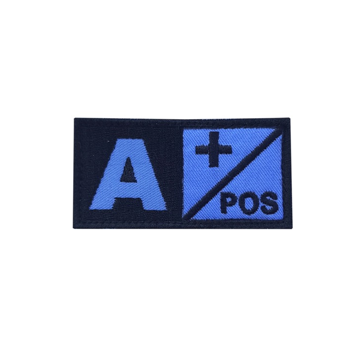 Emblema brodata grupa sanguina A pozitiv, bleu, cu velcro aplicat, 7x3.5 cm