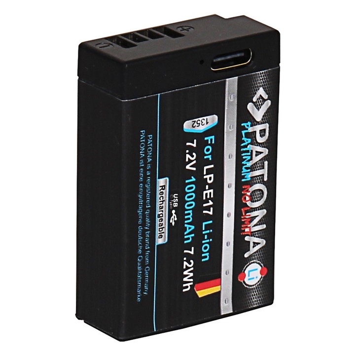 Acumulator Patona Platinum LP-E17, port USB-C, 1000mAh, pentru Canon EOS RP 77D 200D 750D 760D 8000D