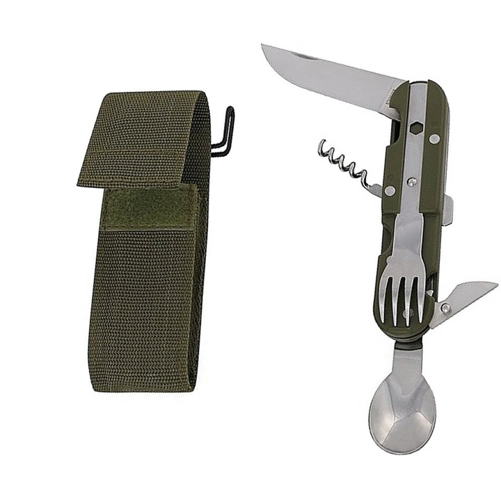 Cutit multifunctional cu husa, Otel inoxidabil, Verde