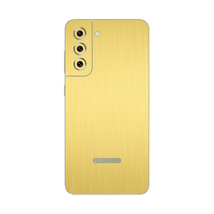 iSkinz Folie Samsung Galaxy S21 FE 5G telefonhoz – szálcsiszolt arany 360 szabású, teljes testet fedő tapadó bőr, hát- és oldalvédő tok